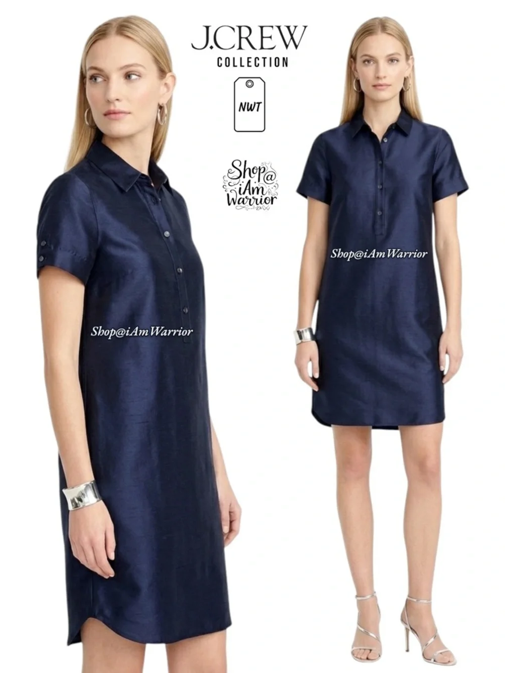 J.Crew Collection NWT Navy Silk Shantung Structured Luxe Minimalist Shirt Dress